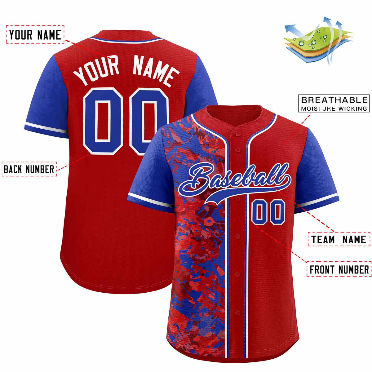 Custom Red Royal Split Personalized Graffiti Raglan Sleeve Authentic Baseball Jersey