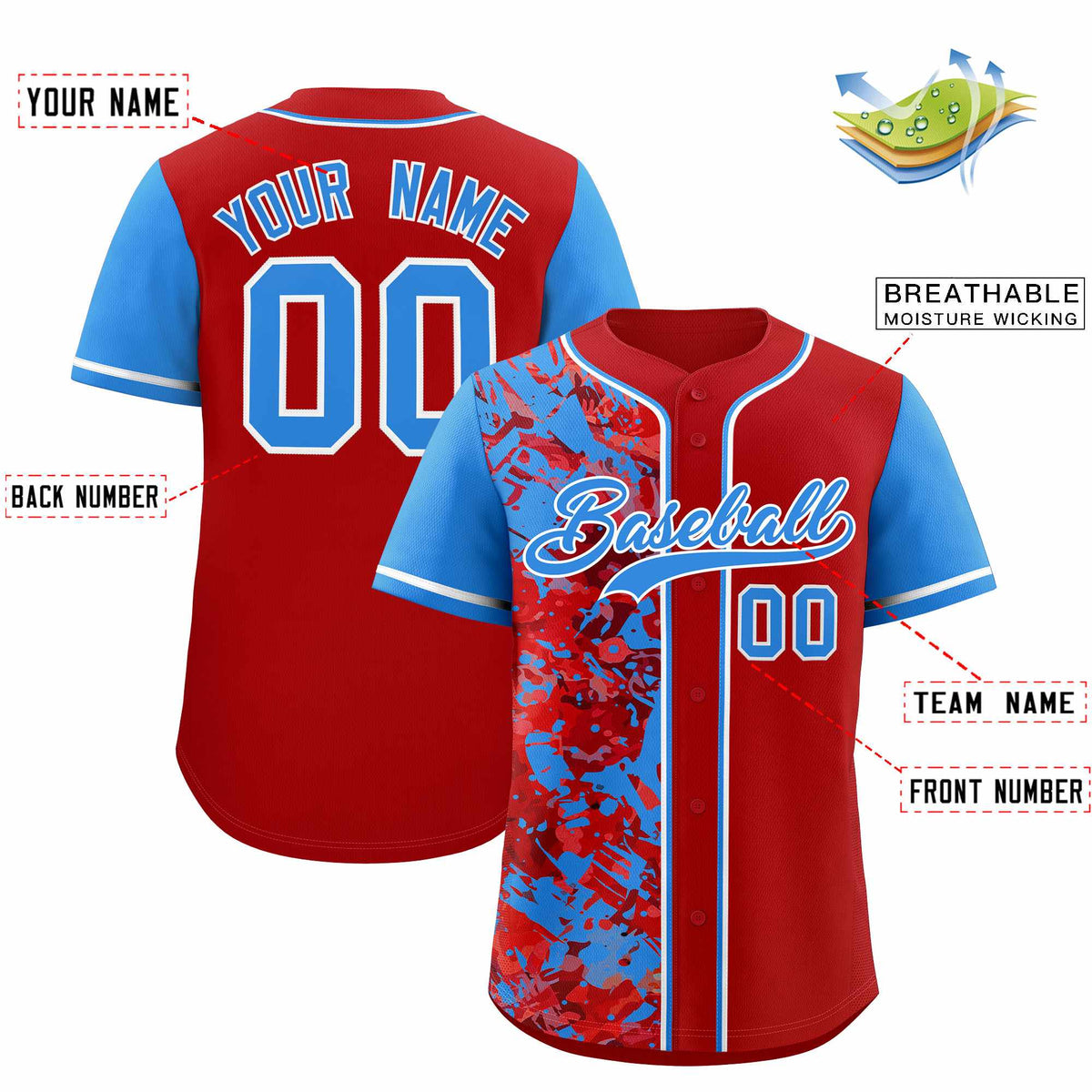Custom Red Blue Split Personalized Graffiti Raglan Sleeve Authentic Baseball Jersey