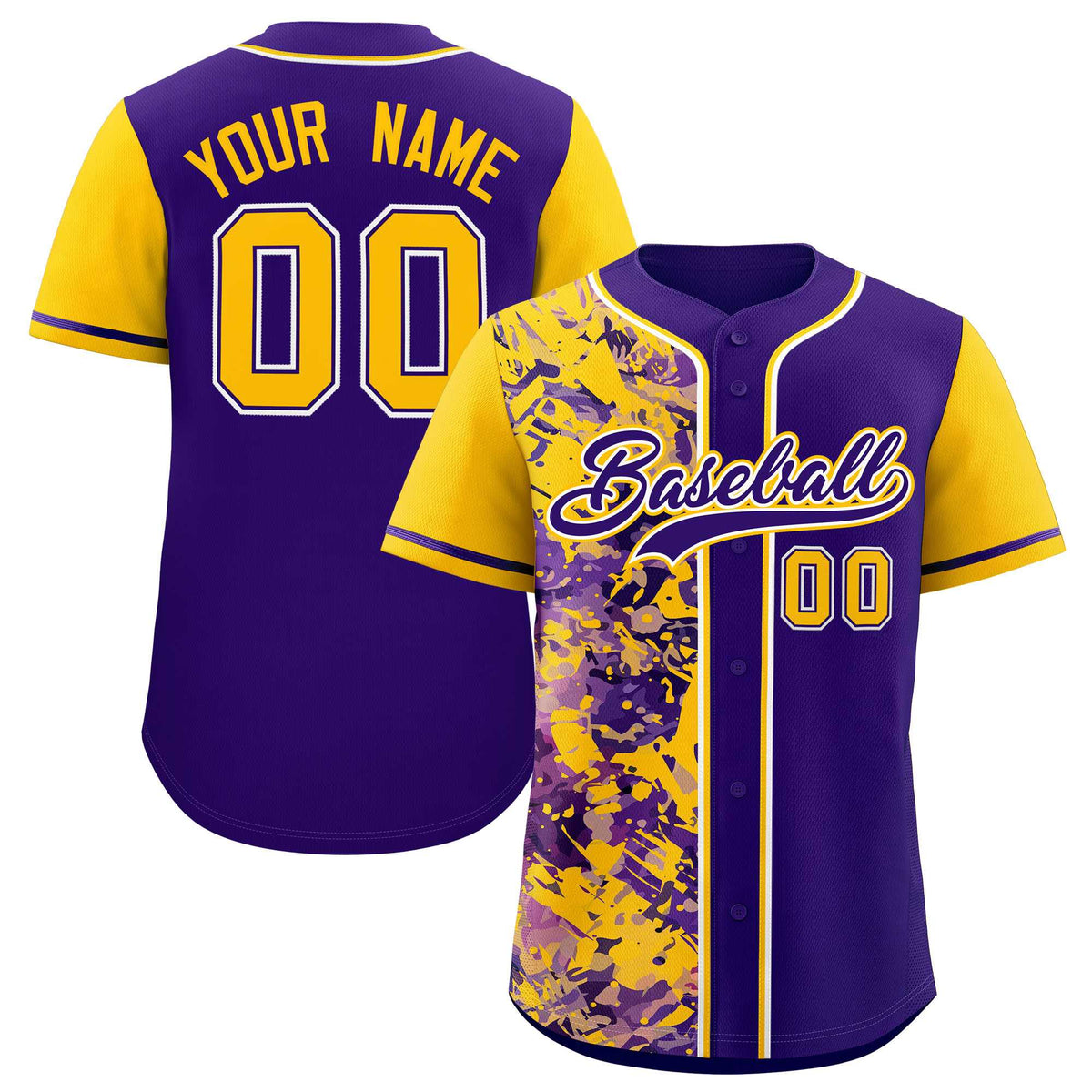 Custom Purple Yellow Split Personalized Graffiti Raglan Sleeve Authentic Baseball Jersey
