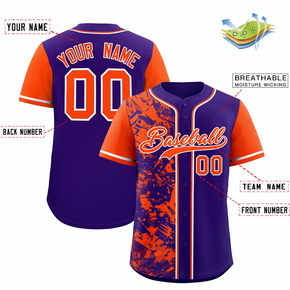 Custom Purple Orange Split Personalized Graffiti Raglan Sleeve Authentic Baseball Jersey