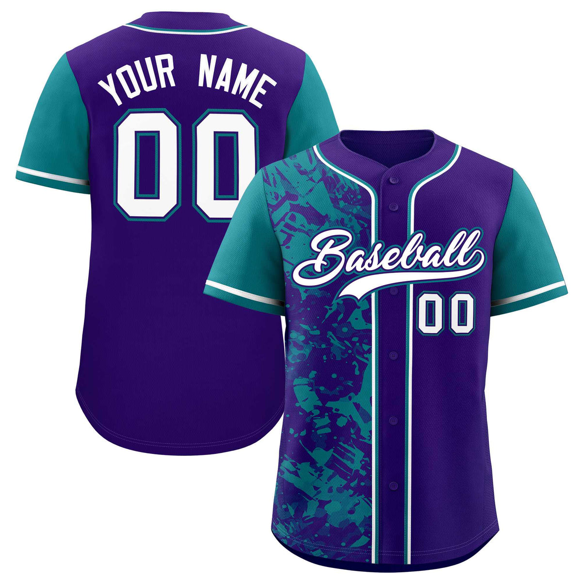 Custom Purple Teal Split Personalized Graffiti Raglan Sleeve Authentic Baseball Jersey