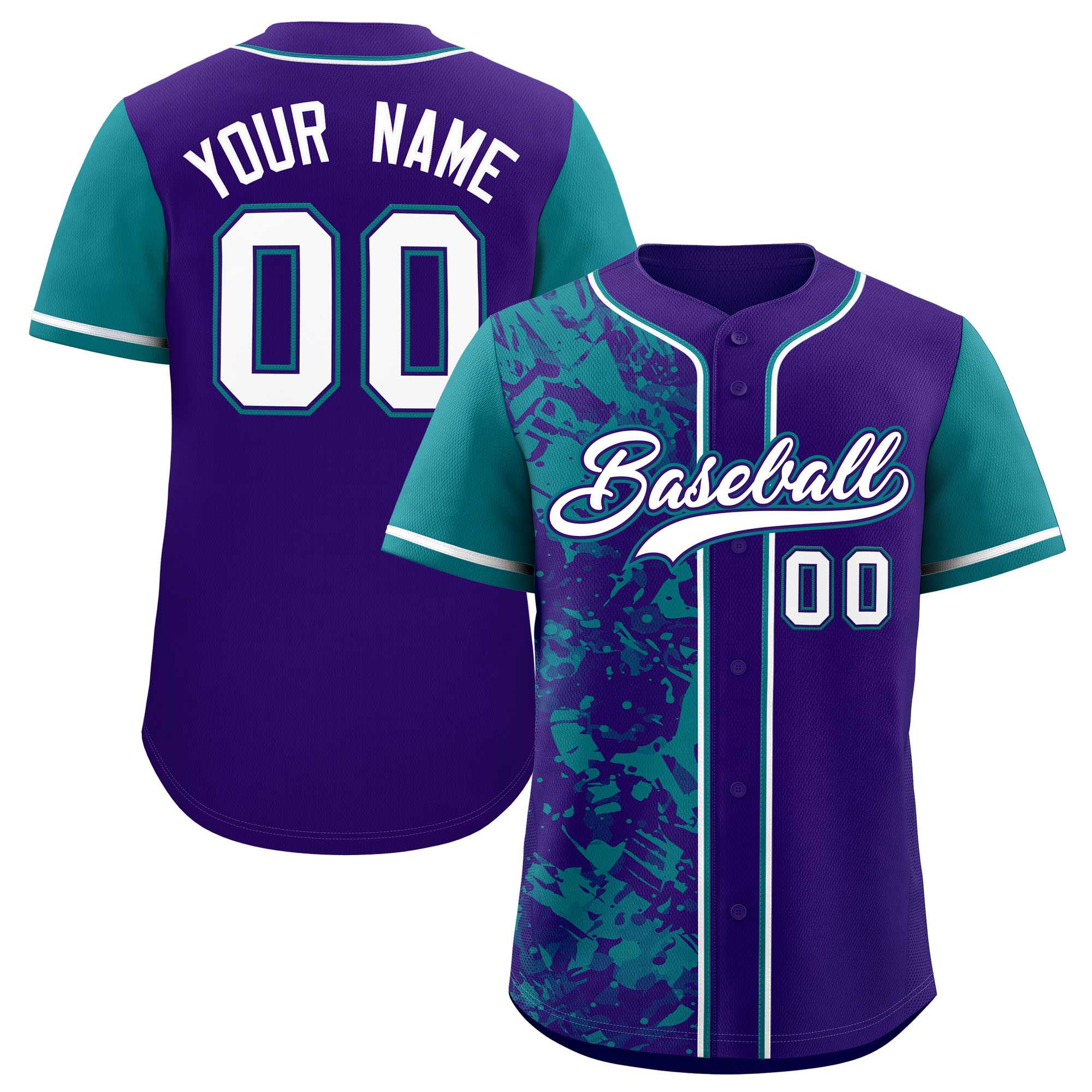 Custom Purple Teal Split Personalized Graffiti Raglan Sleeve Authentic Baseball Jersey