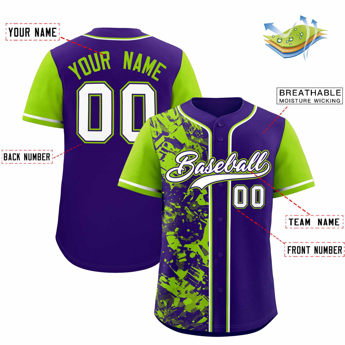 Custom Purple Neon Green Split Personalized Graffiti Raglan Sleeve Authentic Baseball Jersey
