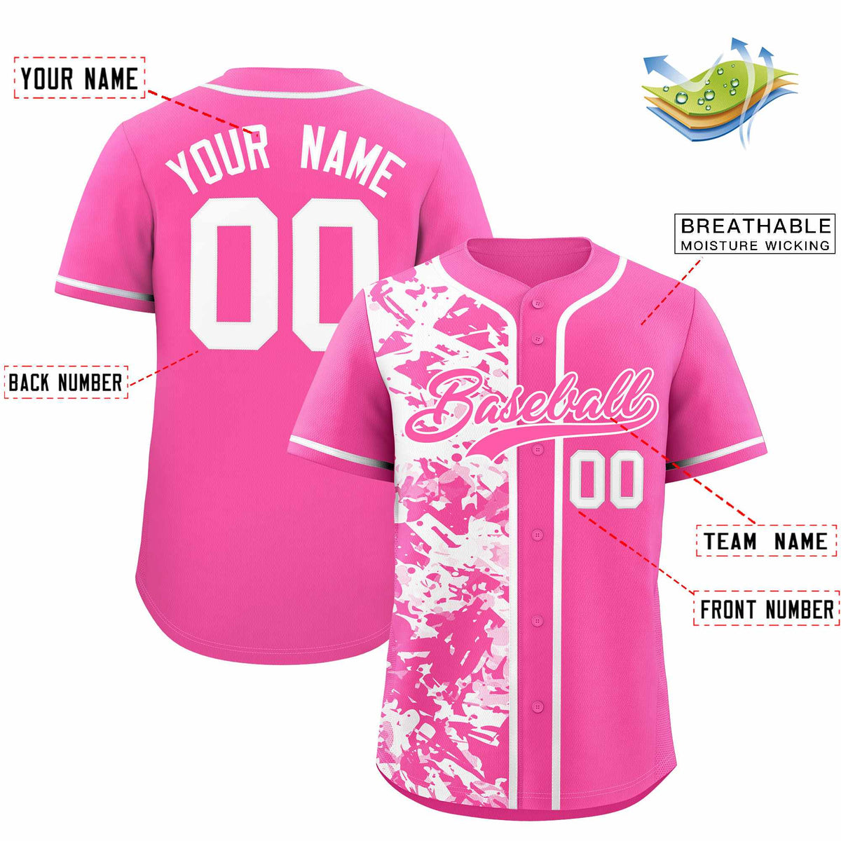 Custom Pink White Split Personalized Graffiti Raglan Sleeve Authentic Baseball Jersey
