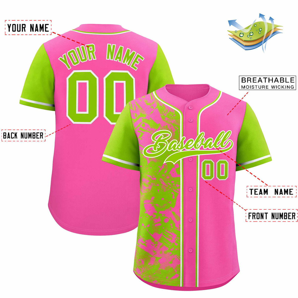 Custom Pink Neon Green Split Personalized Graffiti Raglan Sleeve Authentic Baseball Jersey