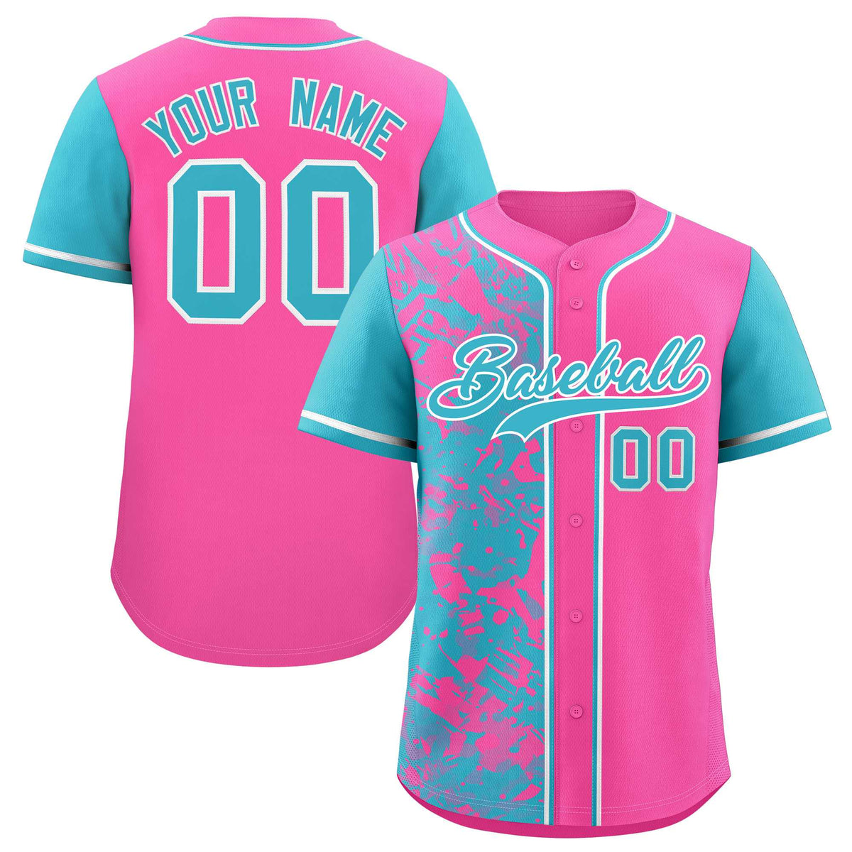 Custom Pink Sky Blue Split Personalized Graffiti Raglan Sleeve Authentic Baseball Jersey
