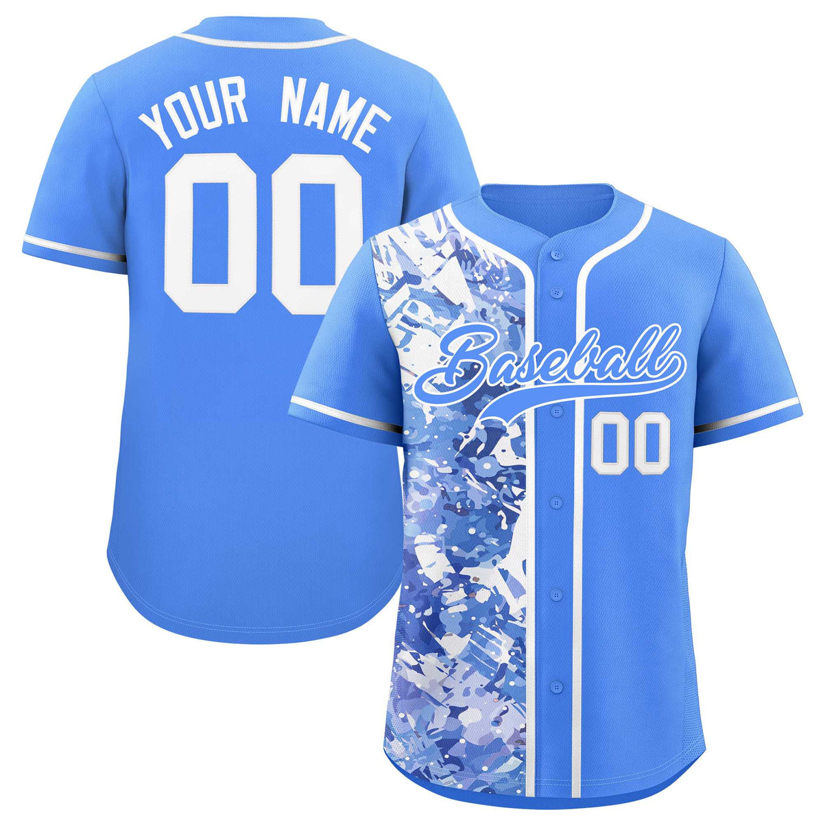 Custom Blue White Split Personalized Graffiti Raglan Sleeve Authentic Baseball Jersey