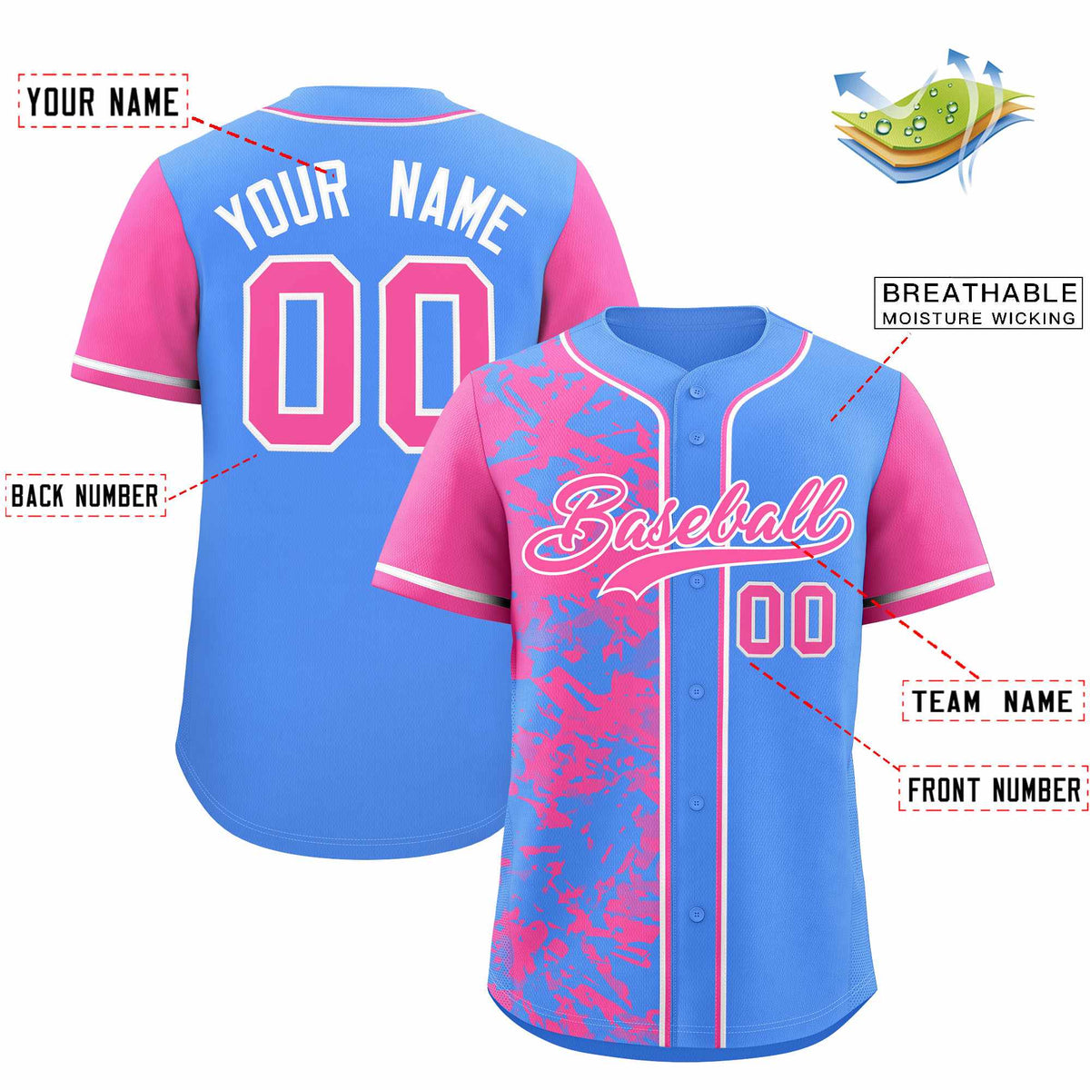 Custom Blue Pink Split Personalized Graffiti Raglan Sleeve Authentic Baseball Jersey