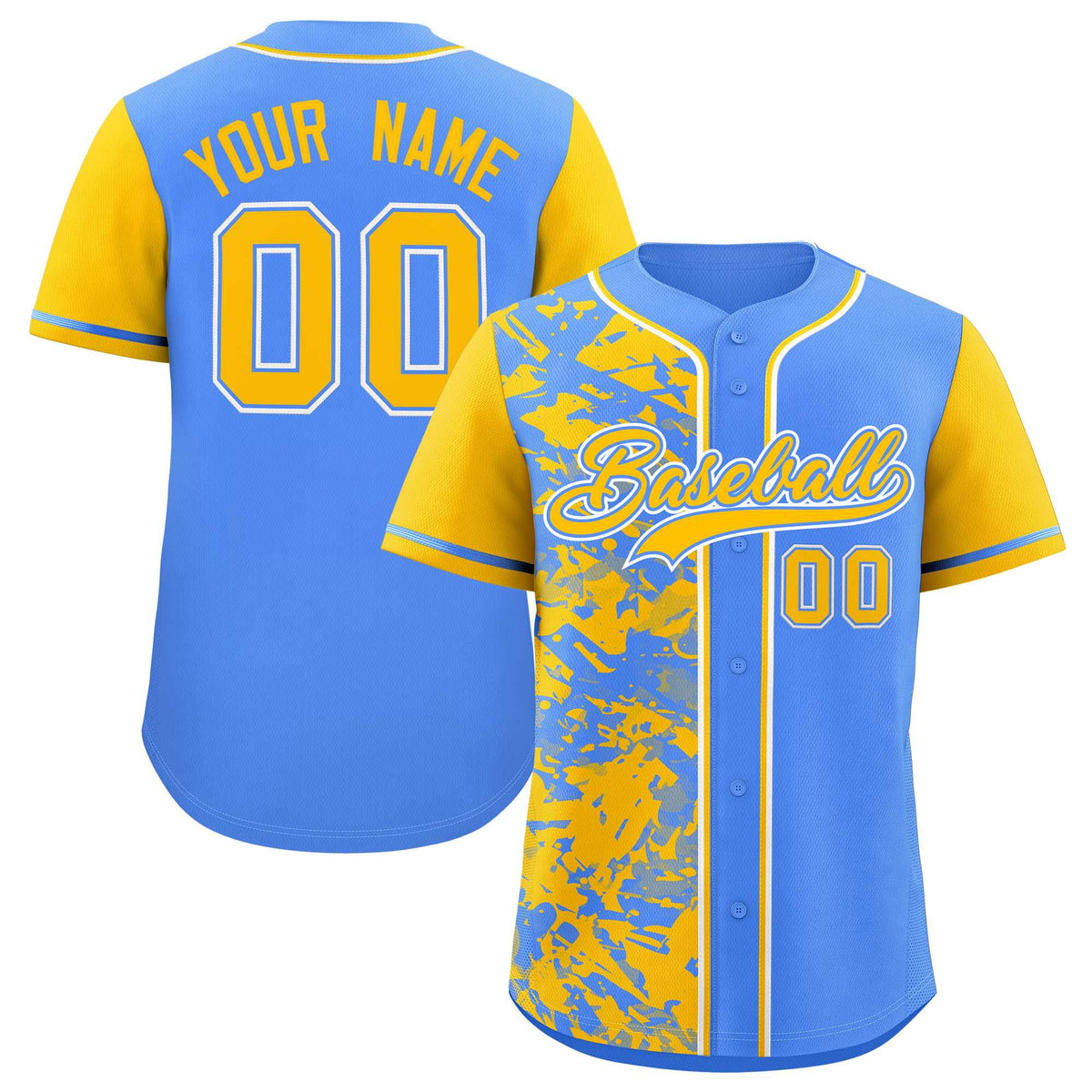 Custom Blue Yellow Split Personalized Graffiti Raglan Sleeve Authentic Baseball Jersey