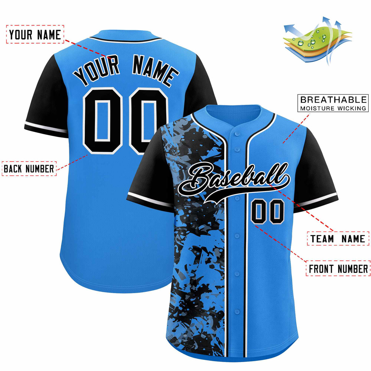 Custom Blue Black Split Personalized Graffiti Raglan Sleeve Authentic Baseball Jersey