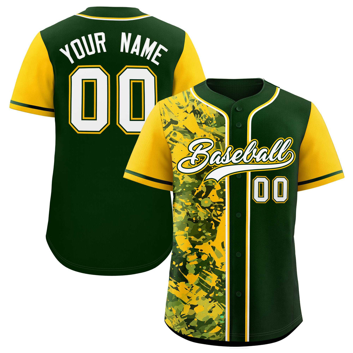 Custom Green Yellow Split Personalized Graffiti Raglan Sleeve Authentic Baseball Jersey
