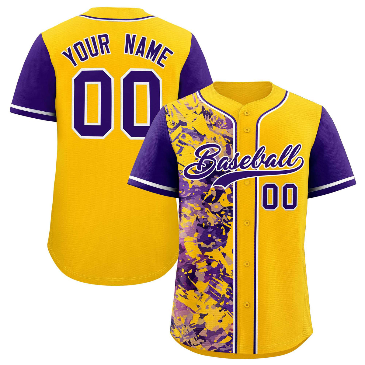 Custom Yellow Purple Split Personalized Graffiti Raglan Sleeve Authentic Baseball Jersey
