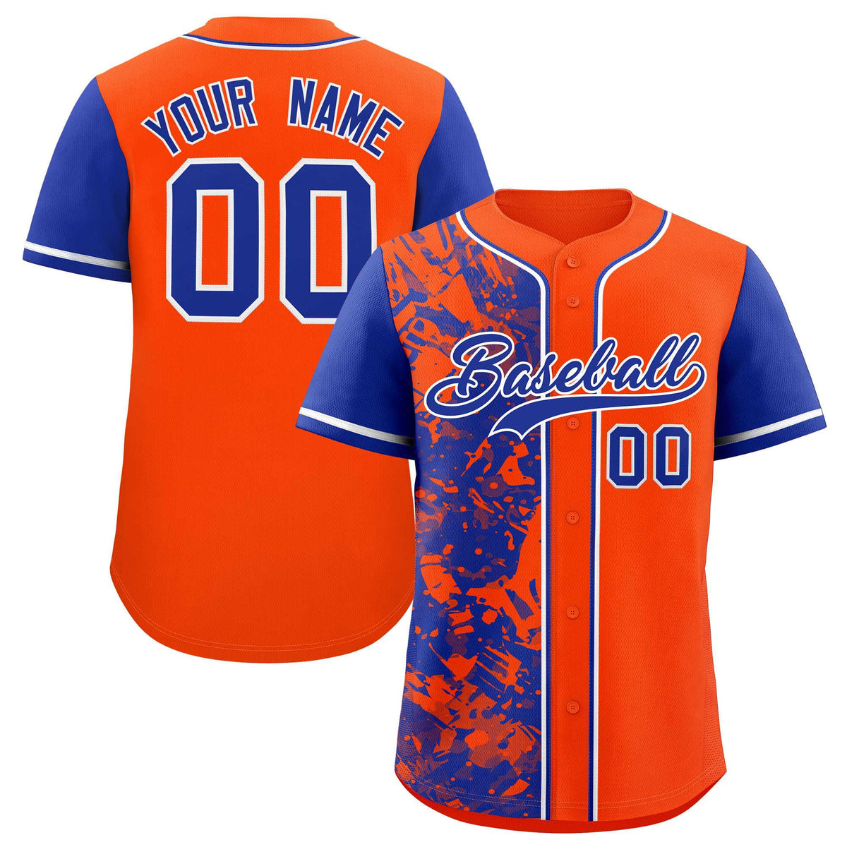 Custom Orange Royal Split Personalized Graffiti Raglan Sleeve Authentic Baseball Jersey