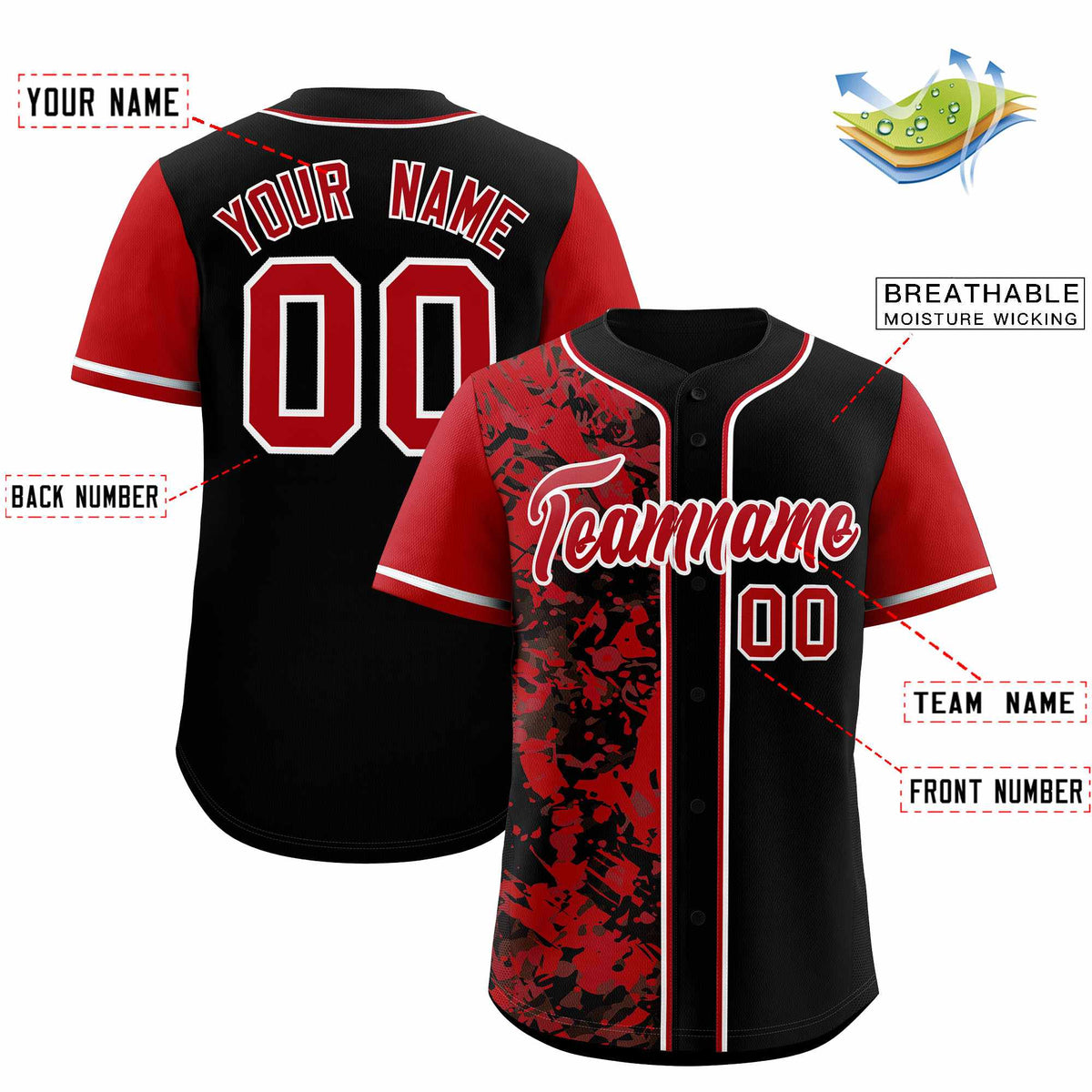 Custom Black Red Split Personalized Graffiti Raglan Sleeve Authentic Baseball Jersey