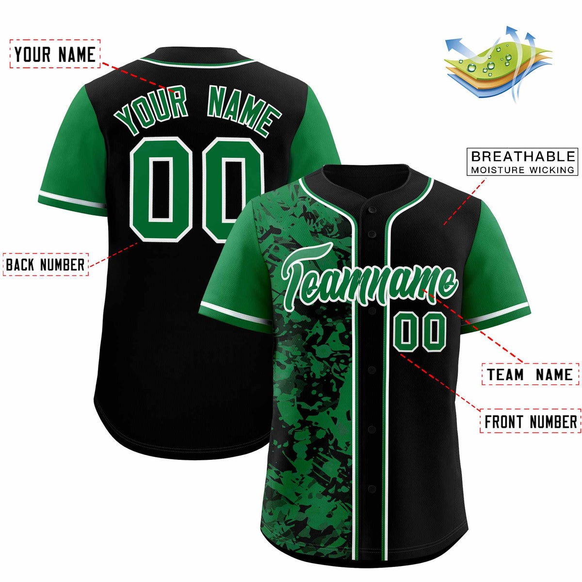 Custom Black Green Split Personalized Graffiti Raglan Sleeve Authentic Baseball Jersey