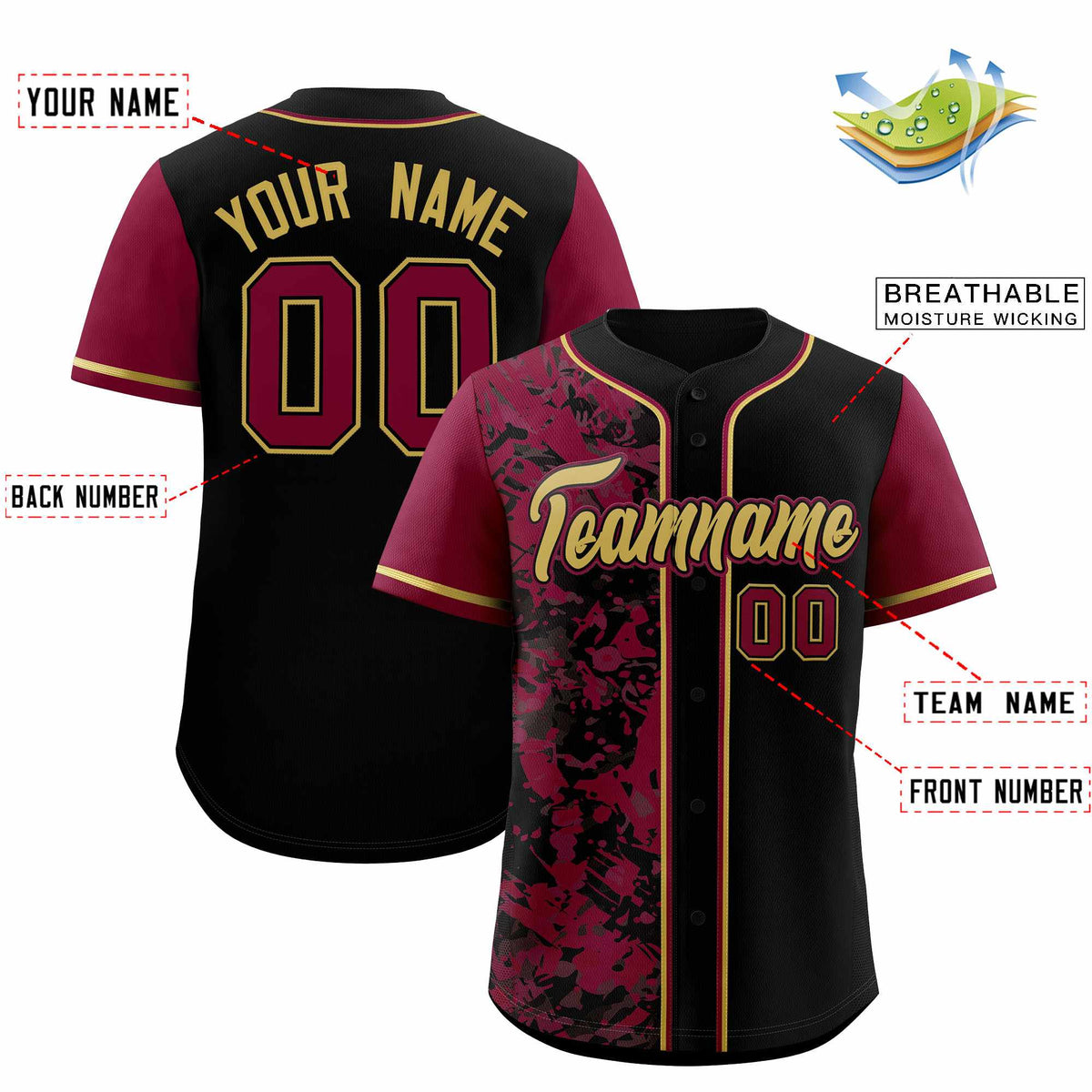 Custom Black Crimson Split Personalized Graffiti Raglan Sleeve Authentic Baseball Jersey