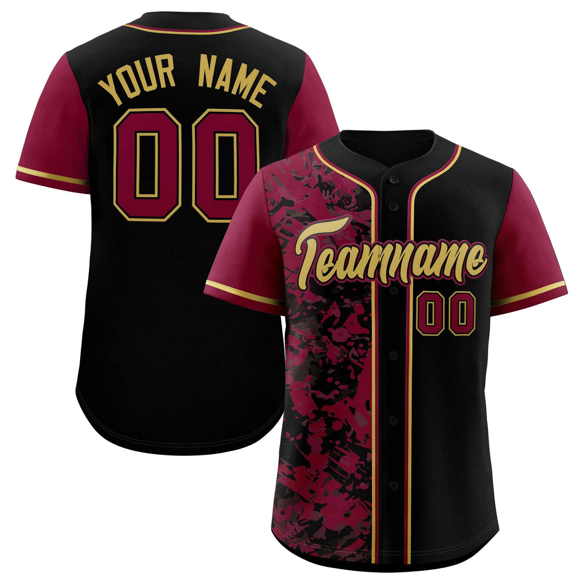 Custom Black Crimson Split Personalized Graffiti Raglan Sleeve Authentic Baseball Jersey