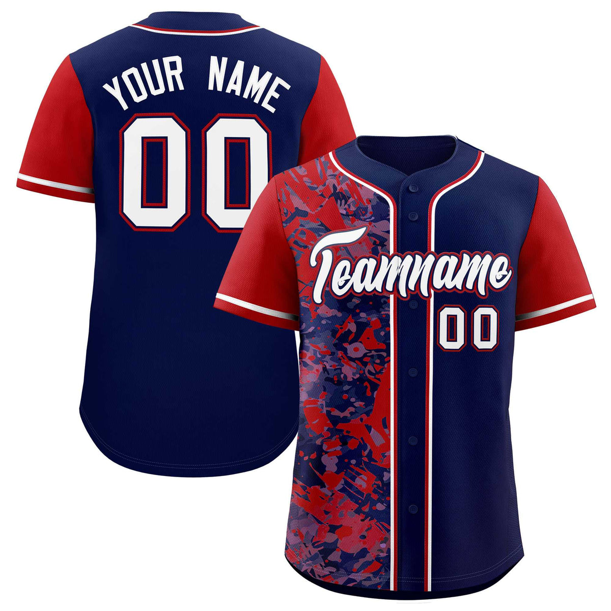 Custom Navy Red Split Personalized Graffiti Raglan Sleeve Authentic Baseball Jersey