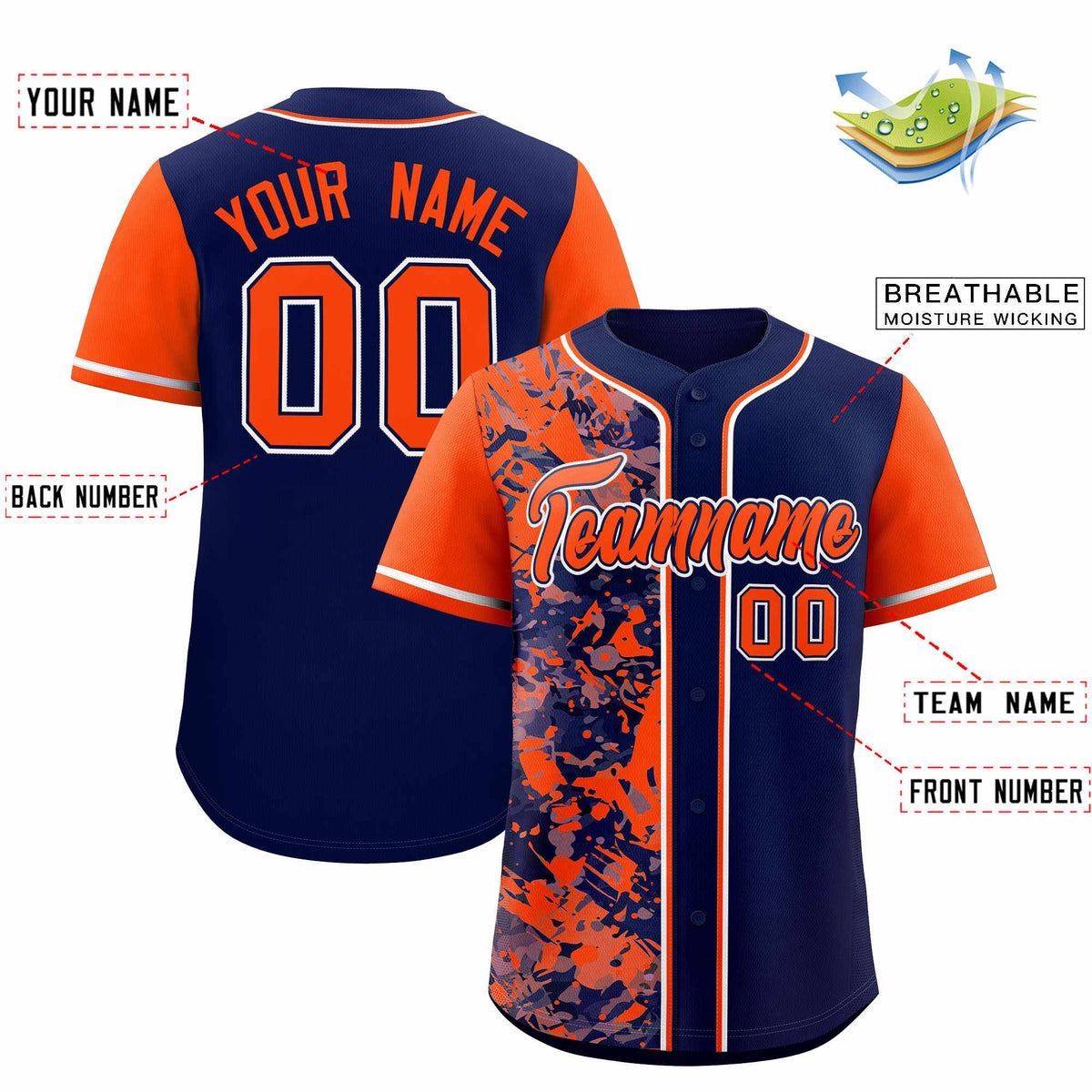 Custom Navy Orange Split Personalized Graffiti Raglan Sleeve Authentic Baseball Jersey
