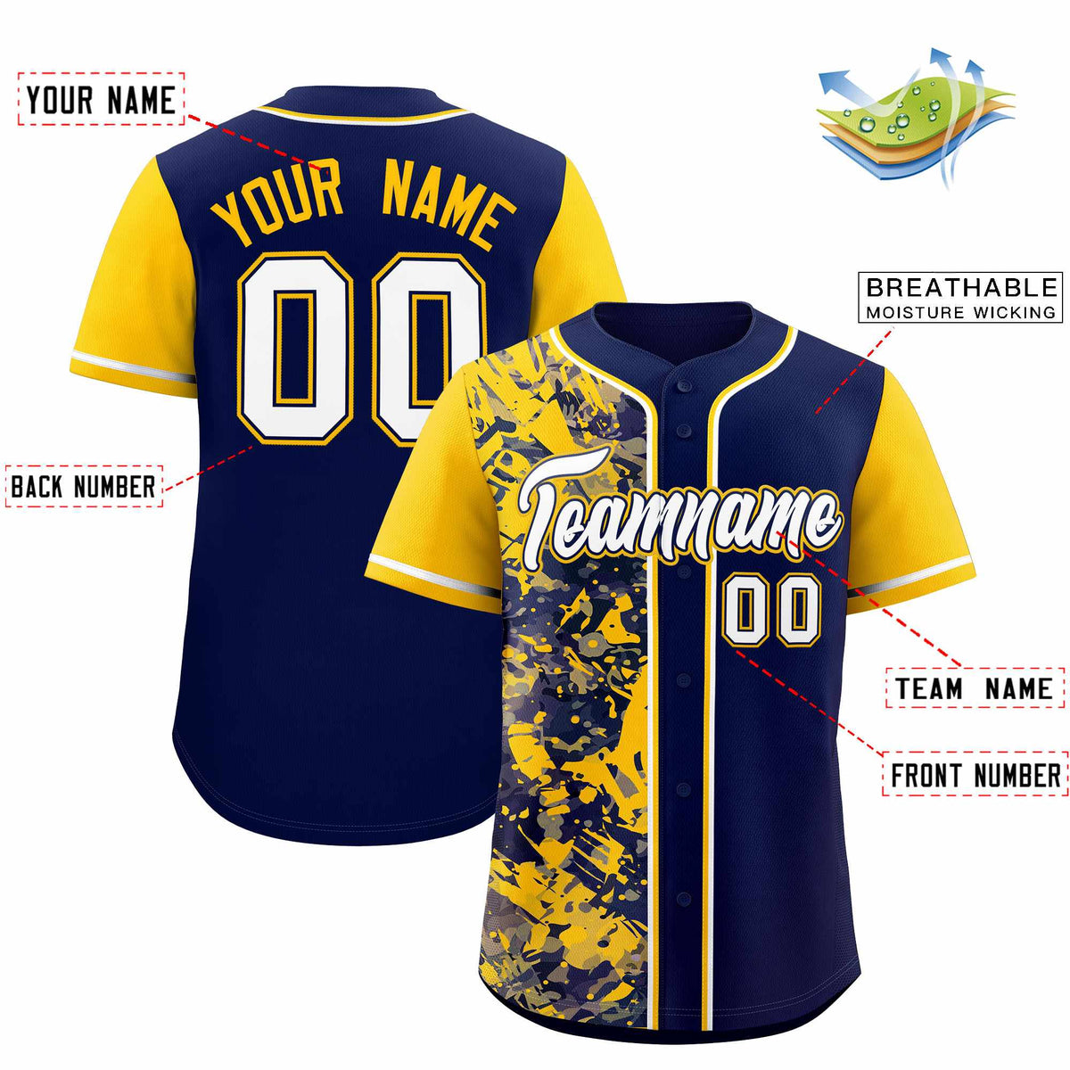 Custom Navy Yellow Split Personalized Graffiti Raglan Sleeve Authentic Baseball Jersey