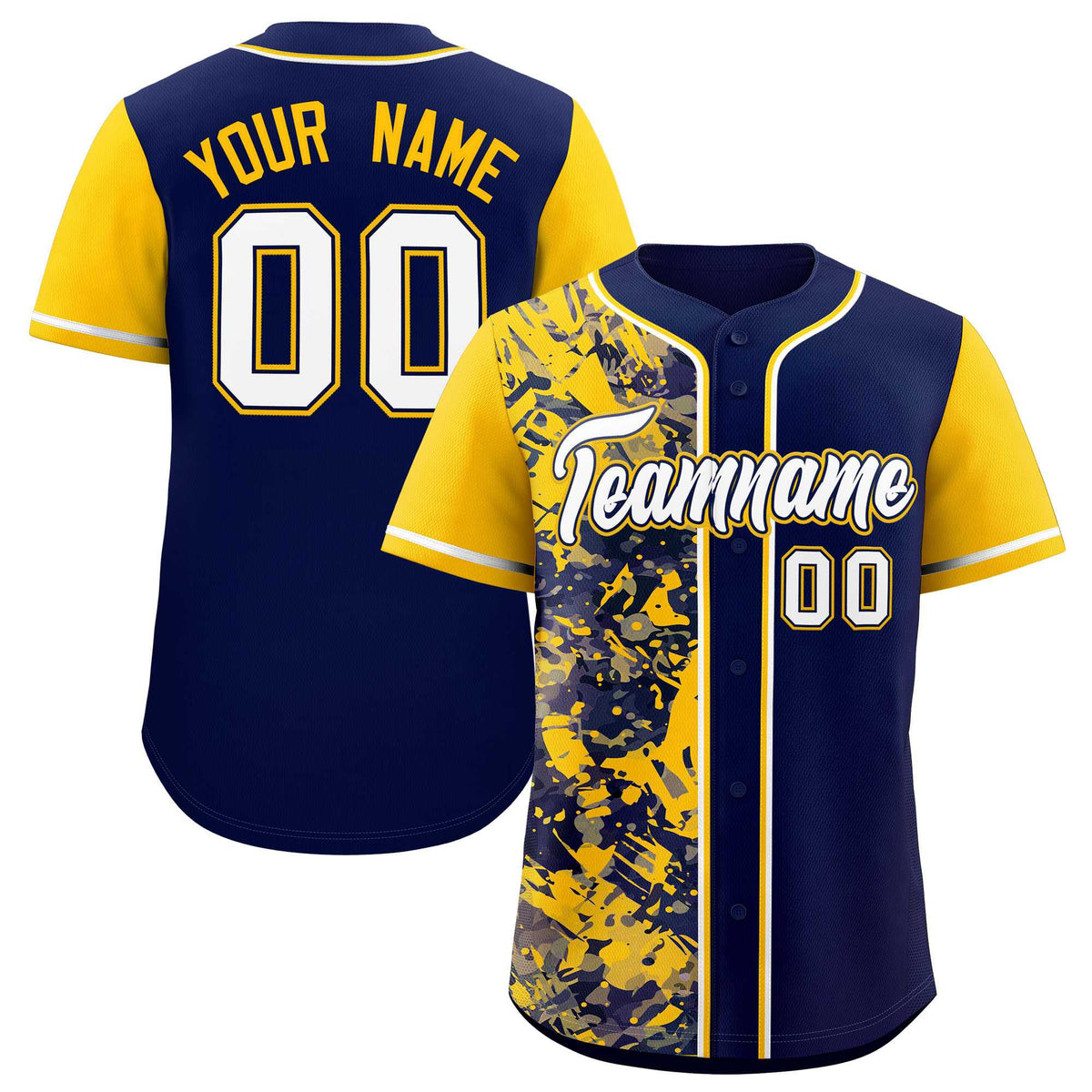 Custom Navy Yellow Split Personalized Graffiti Raglan Sleeve Authentic Baseball Jersey