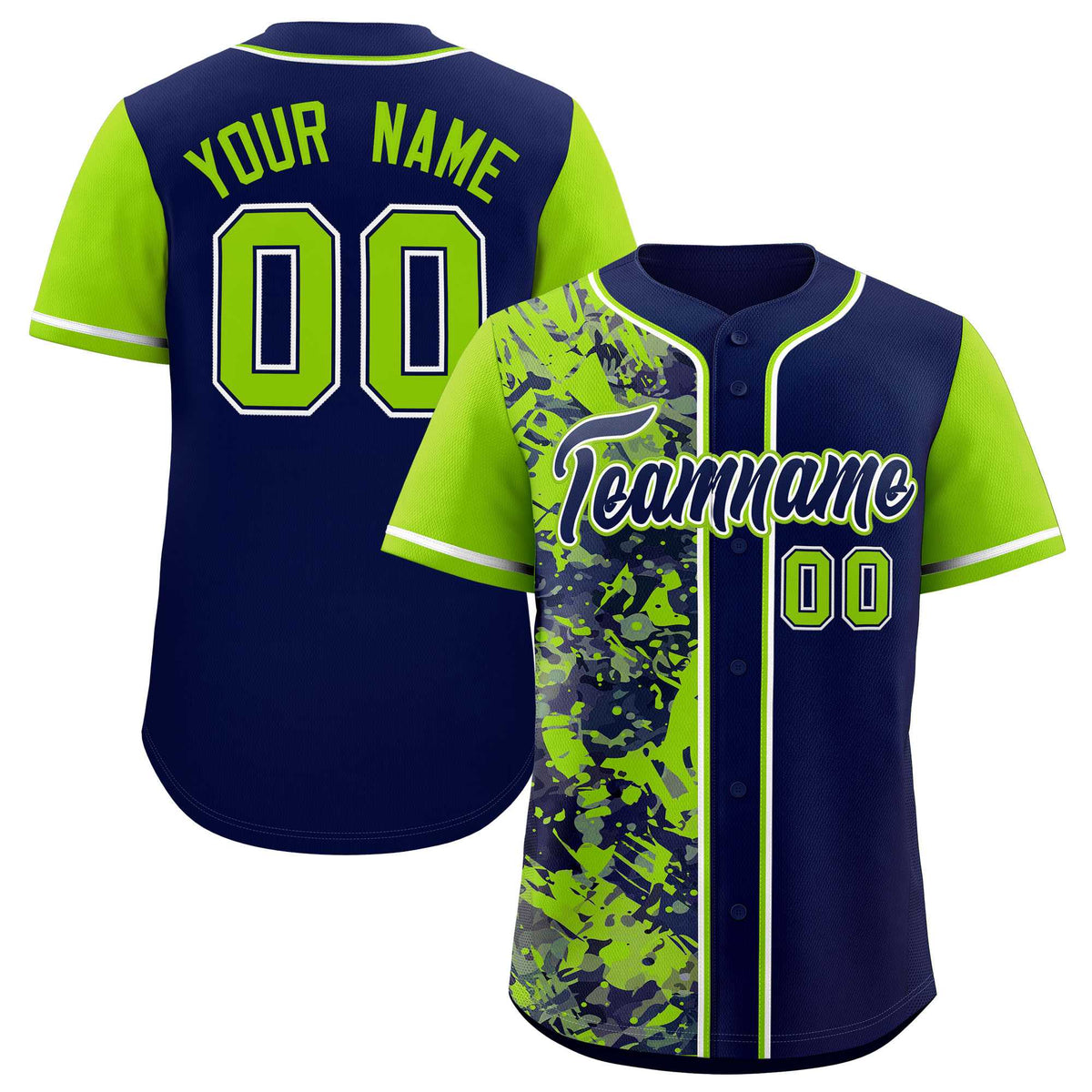 Custom Navy Neon Green Split Personalized Graffiti Raglan Sleeve Authentic Baseball Jersey