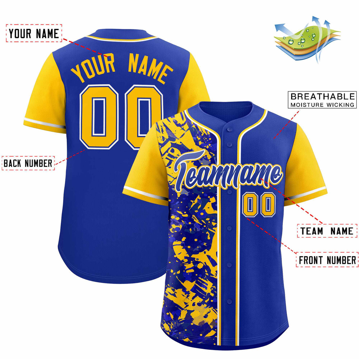 Custom Royal Yellow Split Personalized Graffiti Raglan Sleeve Authentic Baseball Jersey