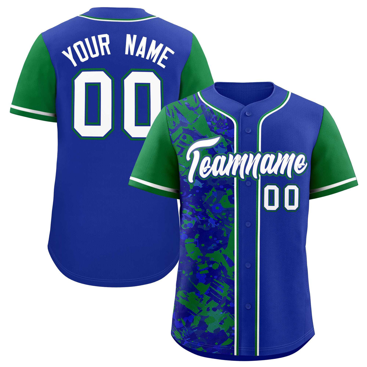Custom Royal Green Split Personalized Graffiti Raglan Sleeve Authentic Baseball Jersey