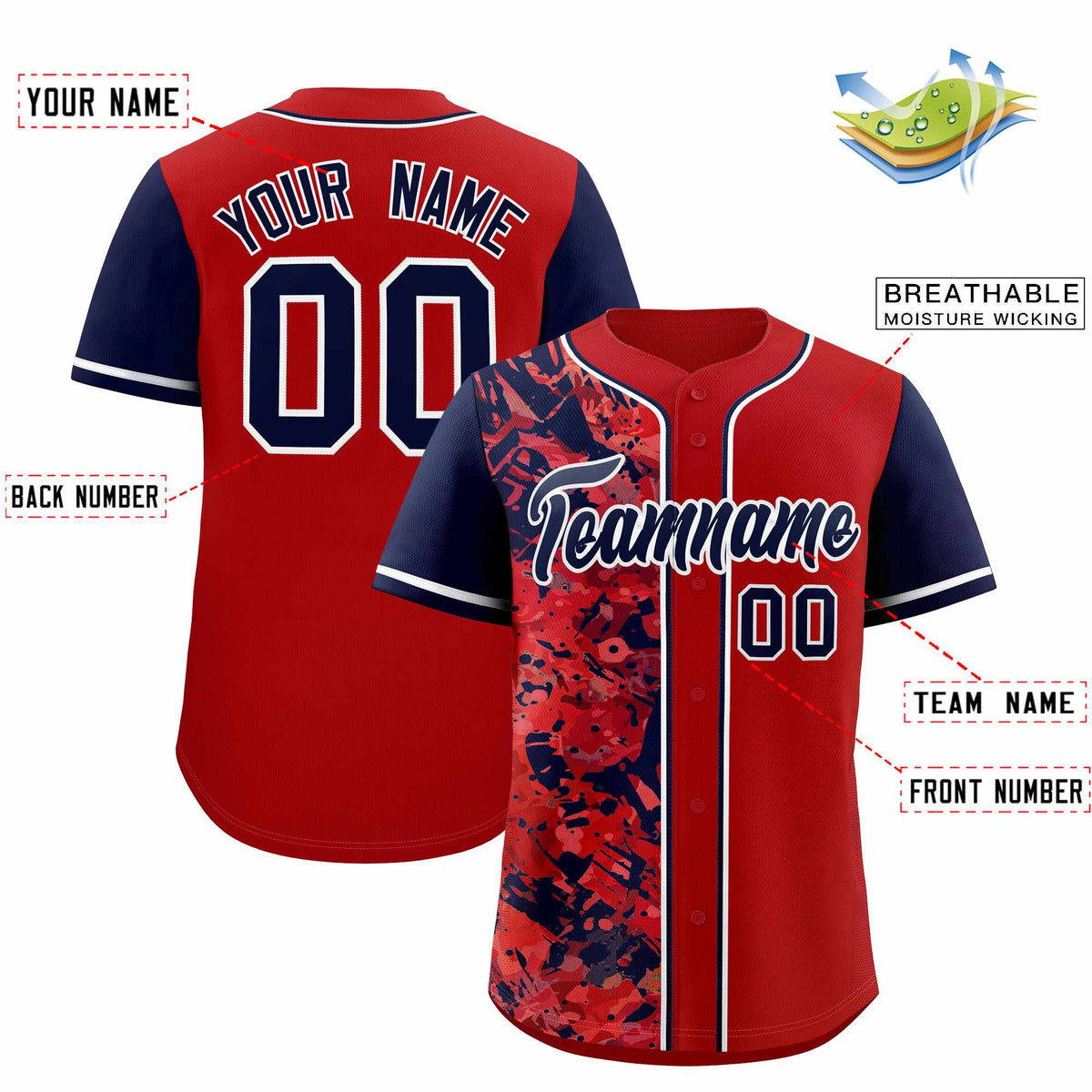 Custom Red Navy Split Personalized Graffiti Raglan Sleeve Authentic Baseball Jersey