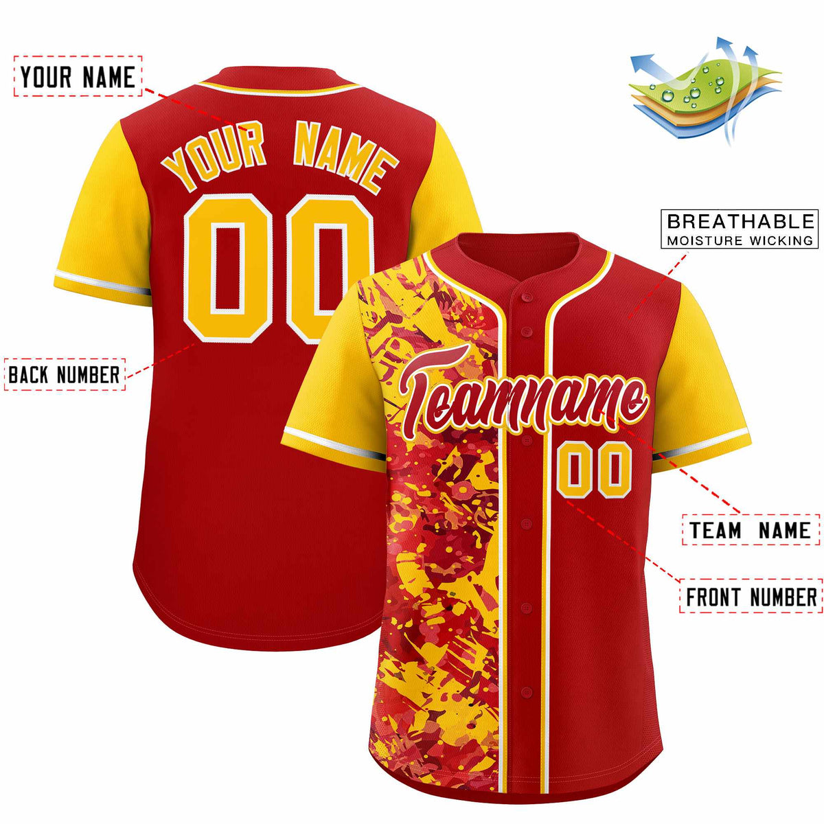 Custom Red Yellow Split Personalized Graffiti Raglan Sleeve Authentic Baseball Jersey