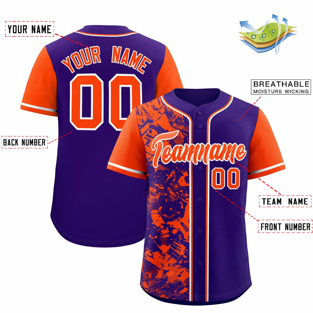 Custom Purple Orange Split Personalized Graffiti Raglan Sleeve Authentic Baseball Jersey