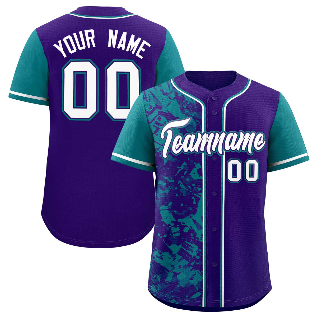 Custom Purple Teal Split Personalized Graffiti Raglan Sleeve Authentic Baseball Jersey