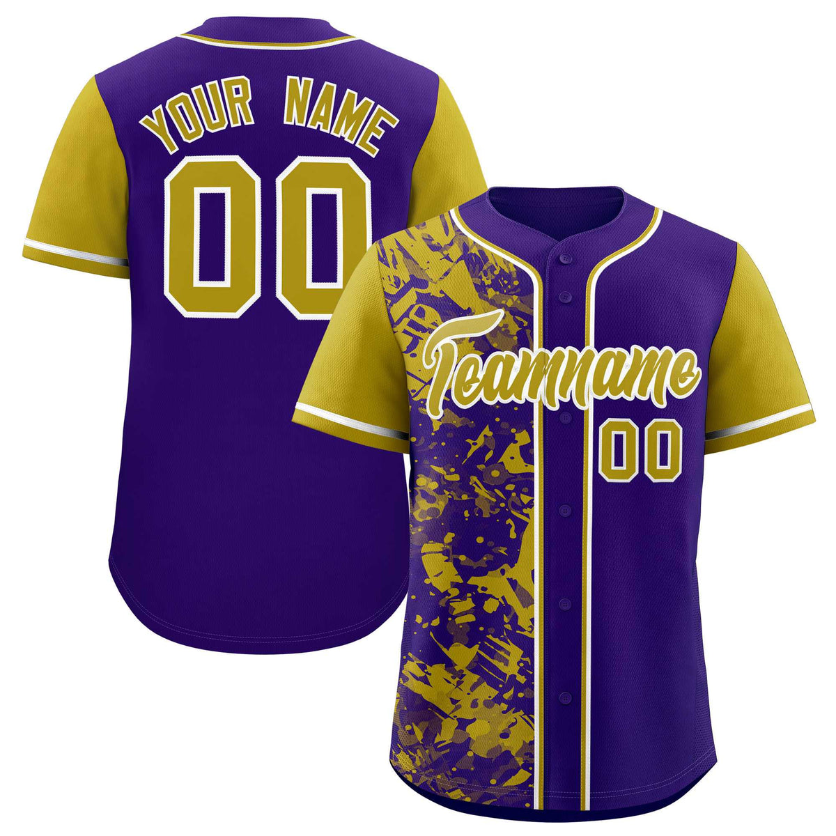 Custom Purple Old Gold Split Personalized Graffiti Raglan Sleeve Authentic Baseball Jersey