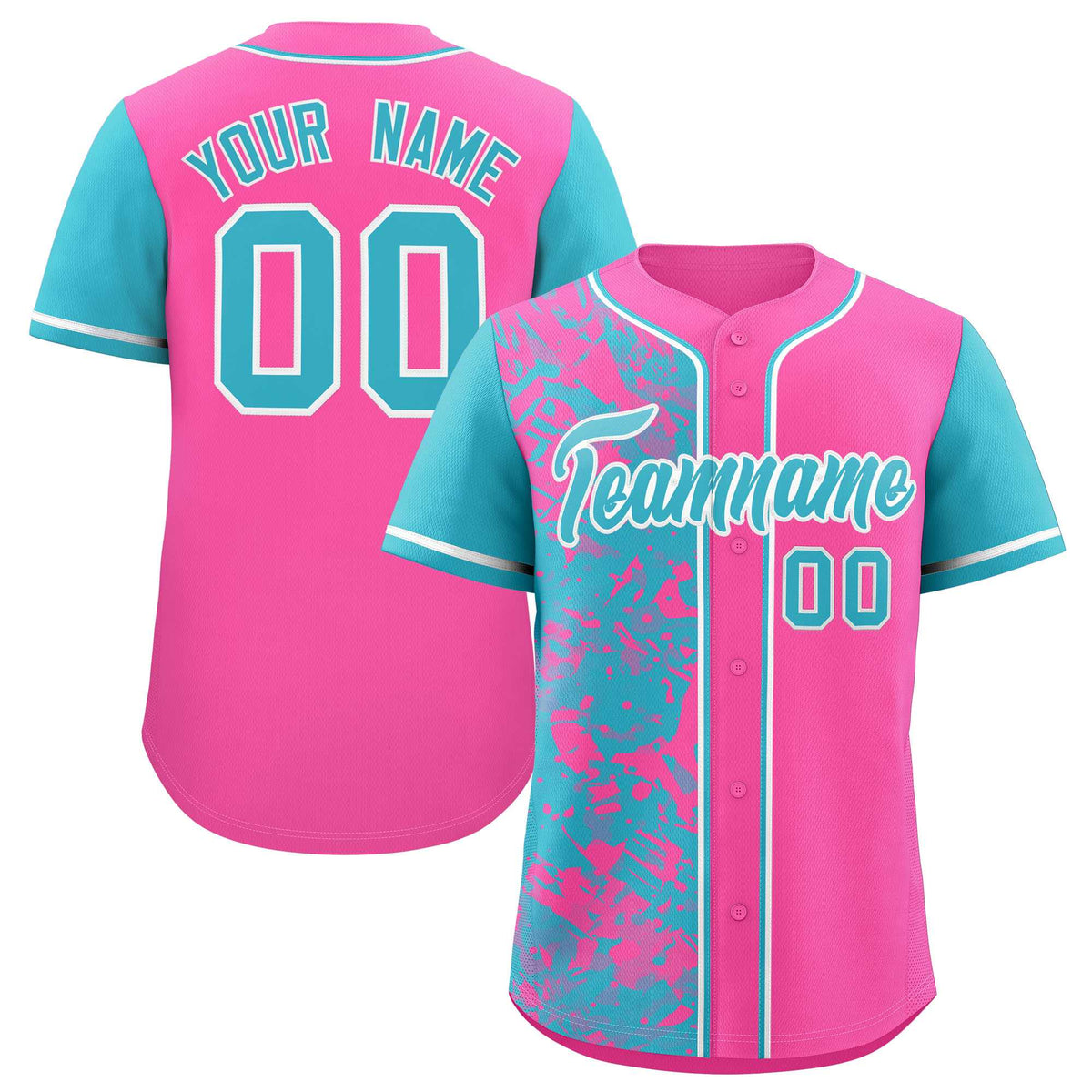 Custom Pink Sky Blue Split Personalized Graffiti Raglan Sleeve Authentic Baseball Jersey
