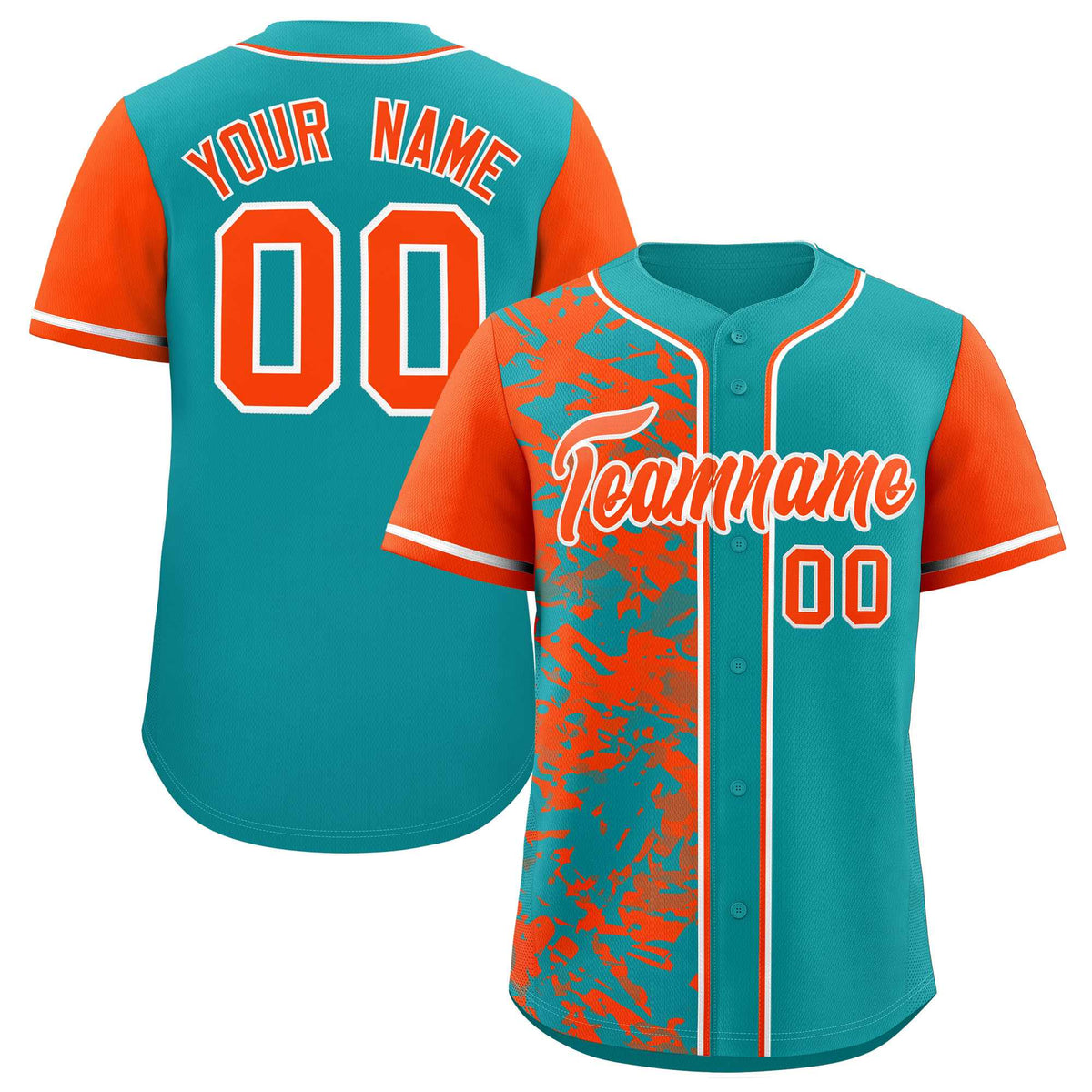 Custom Aqua Orange Split Personalized Graffiti Raglan Sleeve Authentic Baseball Jersey