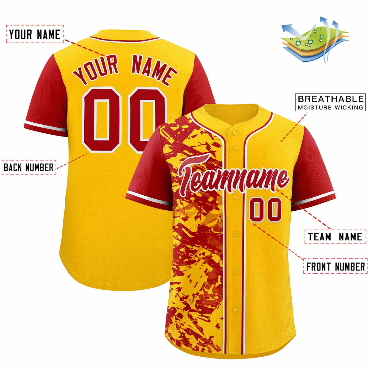 Custom Yellow Red Split Personalized Graffiti Raglan Sleeve Authentic Baseball Jersey