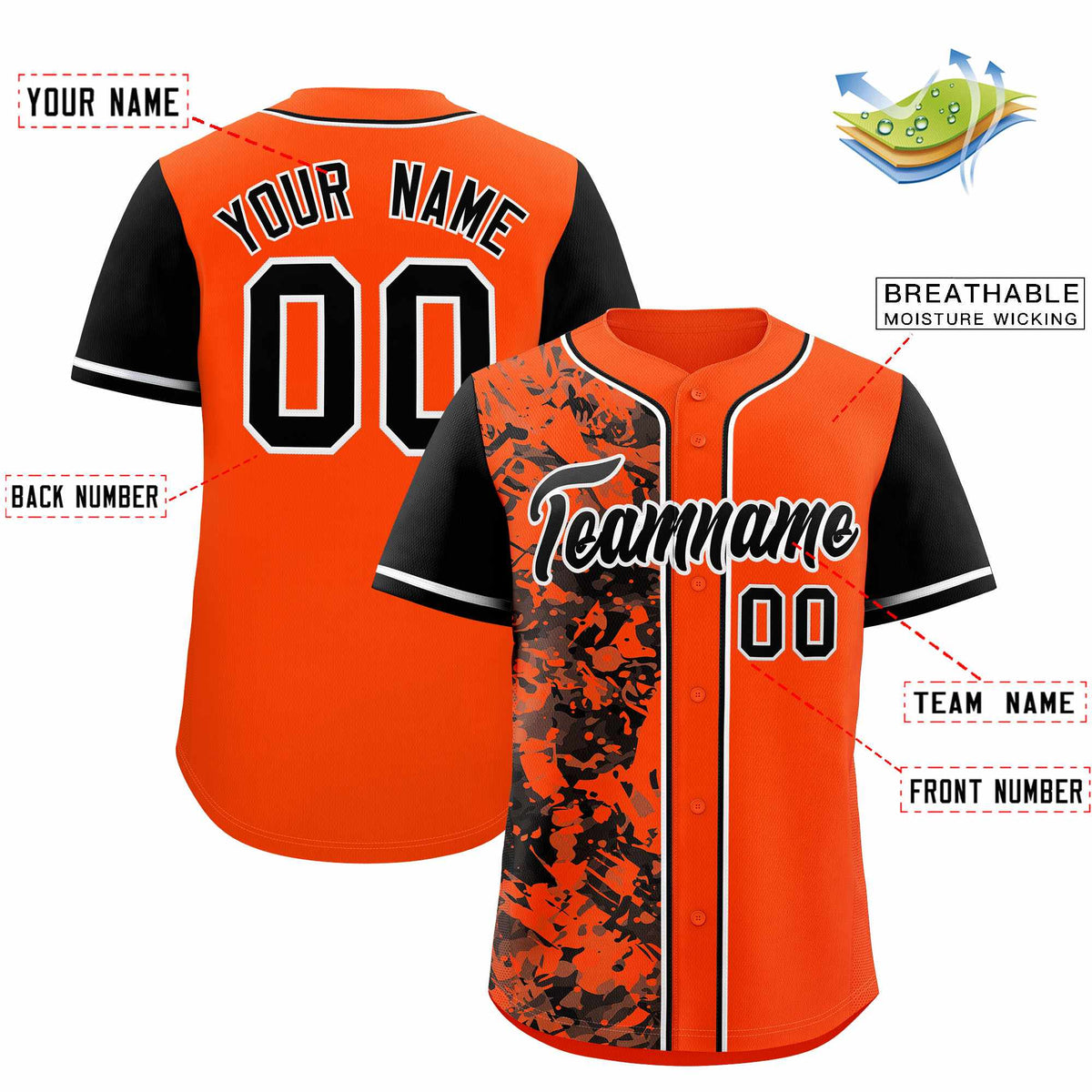 Custom Orange Black Split Personalized Graffiti Raglan Sleeve Authentic Baseball Jersey