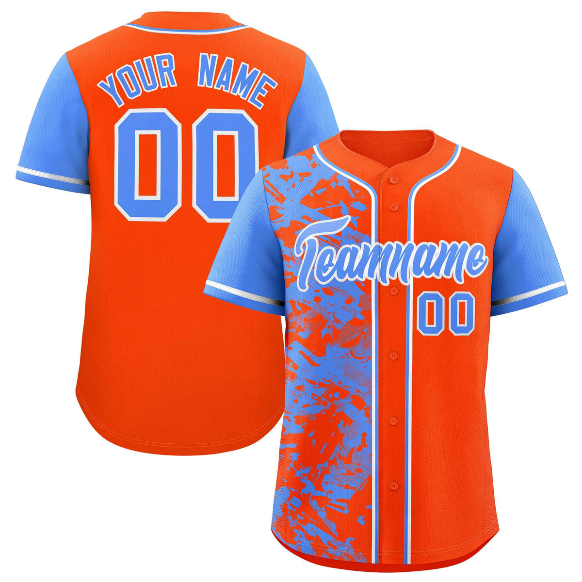 Custom Orange Powder Blue Split Personalized Graffiti Raglan Sleeve Authentic Baseball Jersey