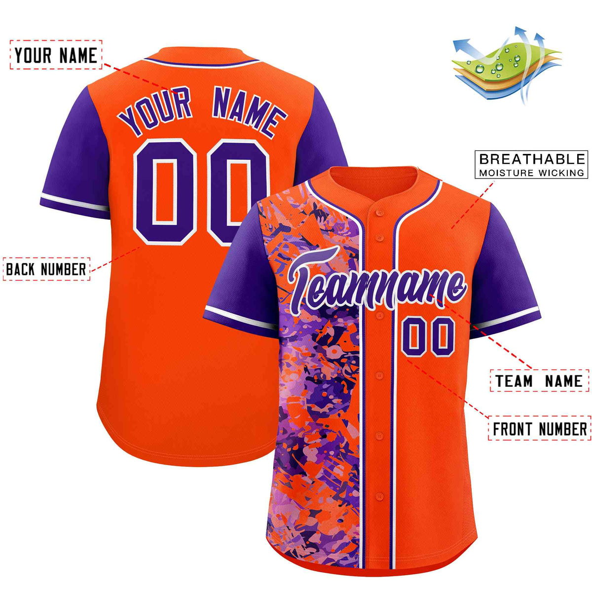 Custom Orange Purple Split Personalized Graffiti Raglan Sleeve Authentic Baseball Jersey