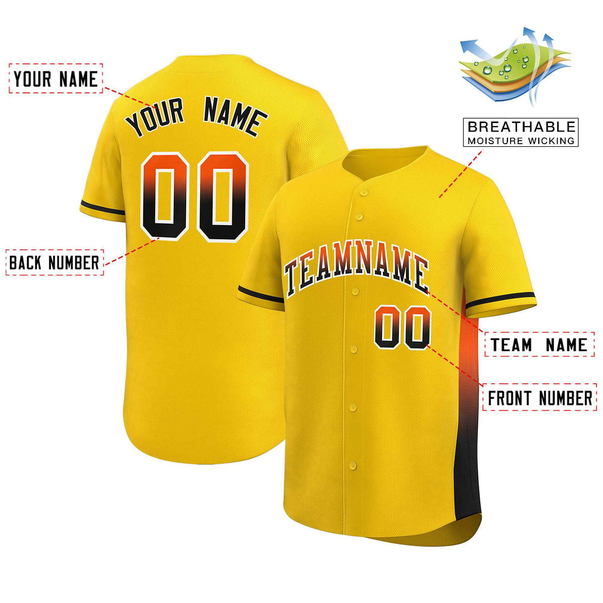 Custom Gold Orange-Black Personalized Gradient Font And Side Design Authentic Baseball Jersey