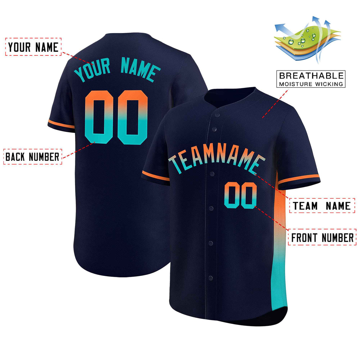 Custom Navy Orange-Aqua Personalized Gradient Font And Side Design Authentic Baseball Jersey