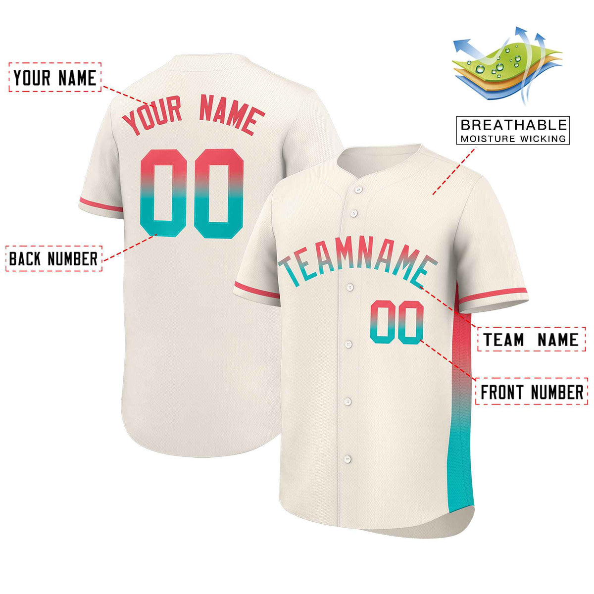 Custom Cream Lt Red-Aqua Personalized Gradient Font And Side Design Authentic Baseball Jersey