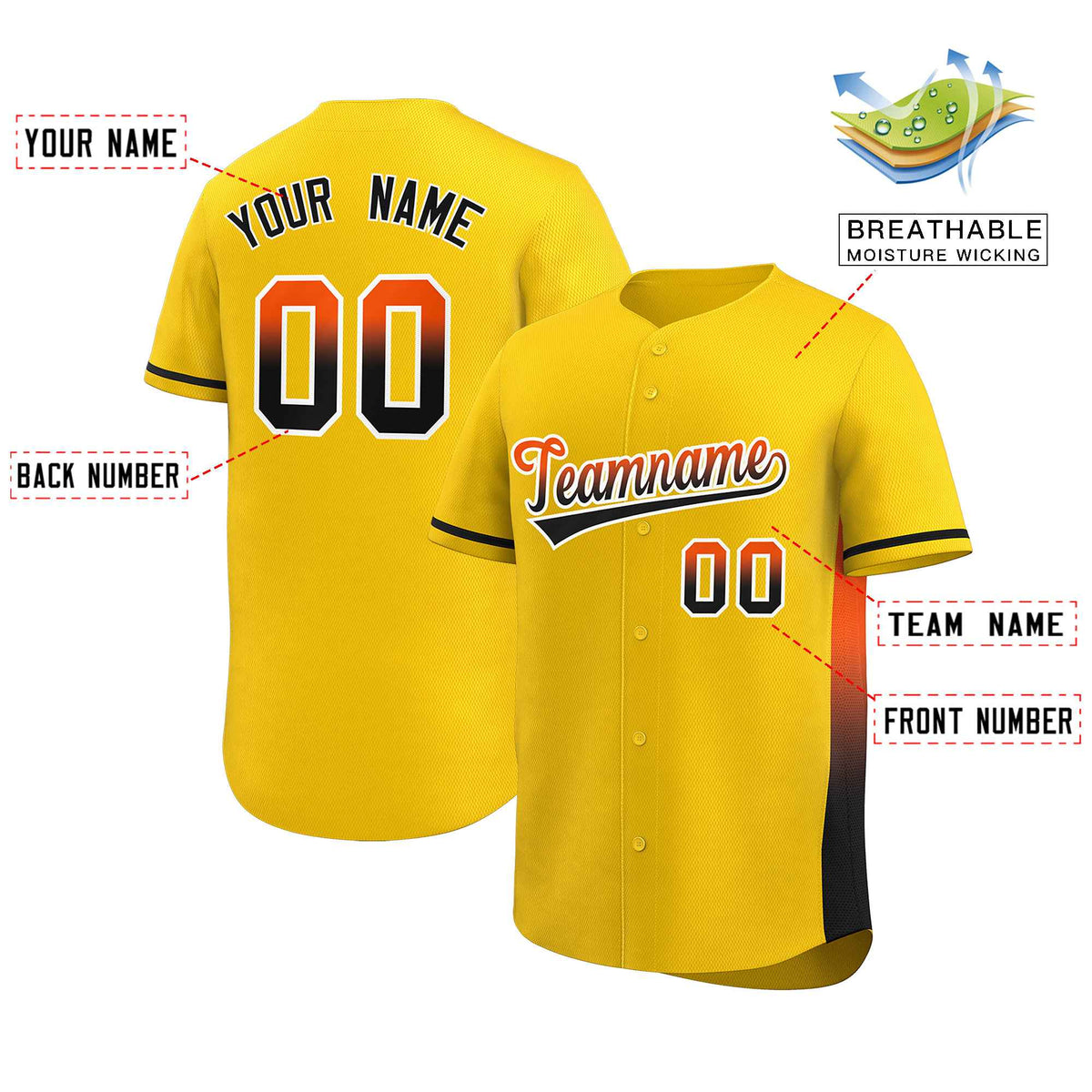 Custom Gold Orange-Black Personalized Gradient Font And Side Design Authentic Baseball Jersey