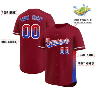 Custom Crimson Red-Royal Personalized Gradient Font And Side Design Authentic Baseball Jersey
