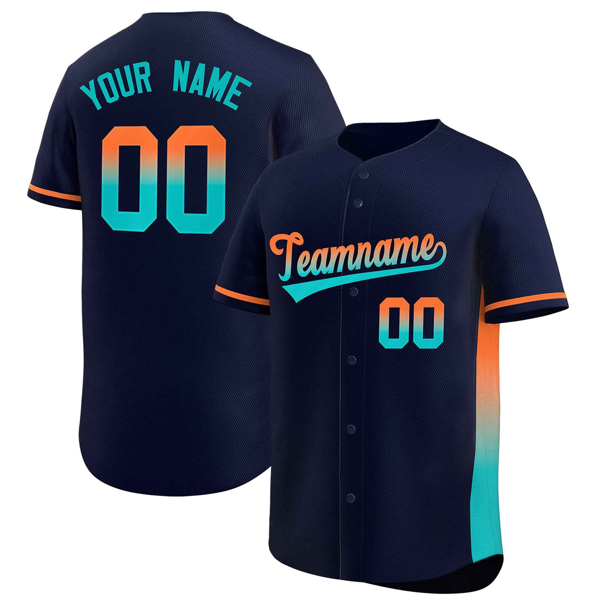 Custom Navy Orange-Aqua Personalized Gradient Font And Side Design Authentic Baseball Jersey