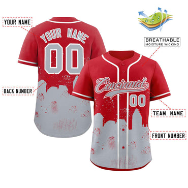 Custom Red Gray Personalized Cincinnati City Nightscape Authentic Baseball Jersey