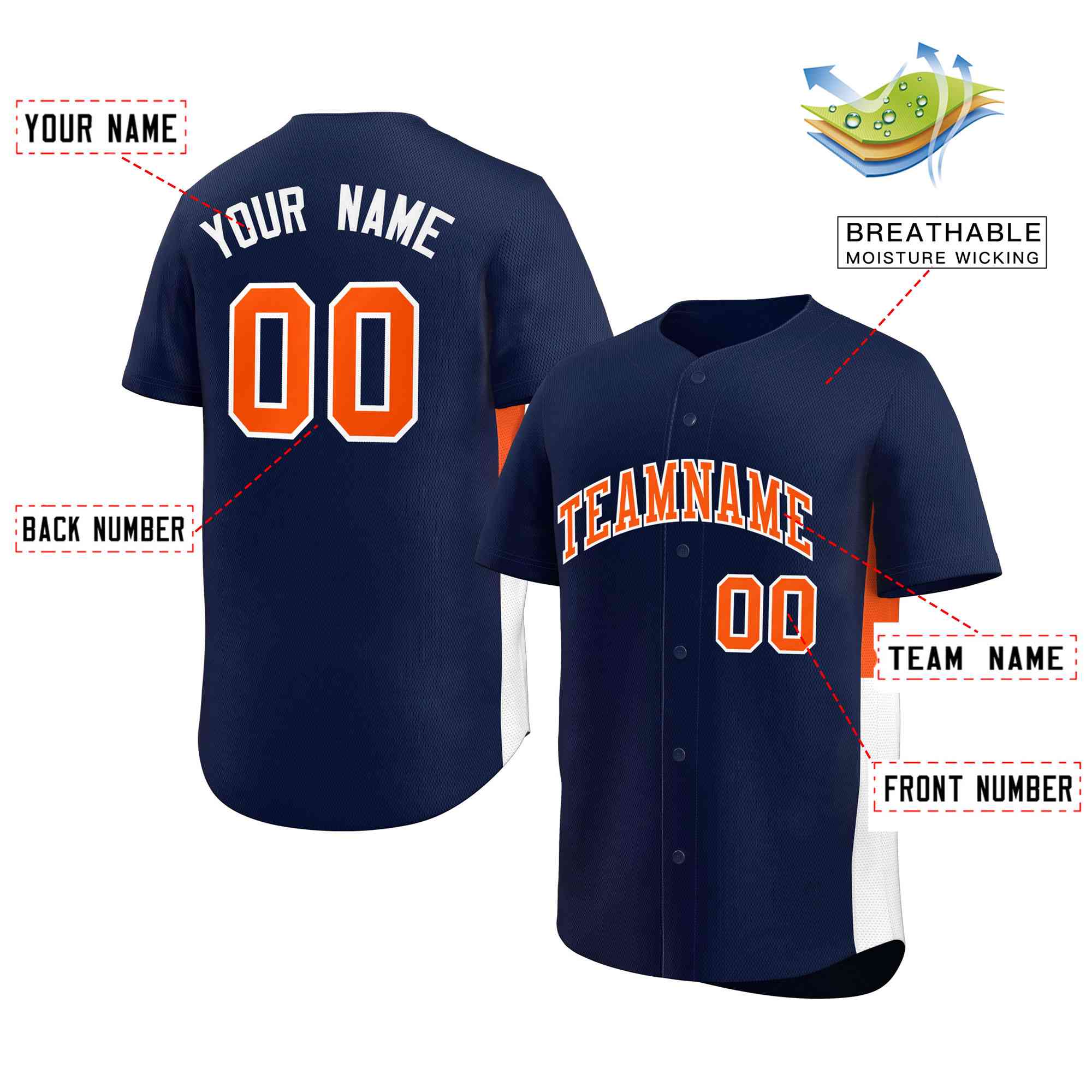 Custom Navy Orange-White Personalized Side Two-Tone Design Authentic Baseball Jersey