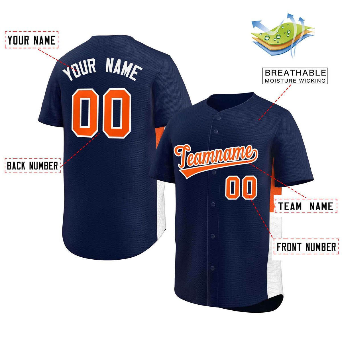 Custom Navy Orange-White Personalized Side Two-Tone Design Authentic Baseball Jersey