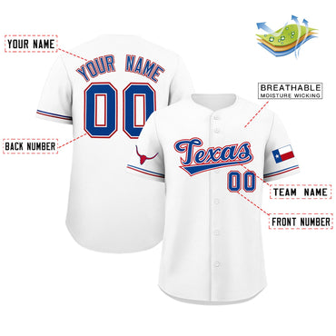 Custom White Royal Texas Flag Classic Style Authentic Baseball Jersey