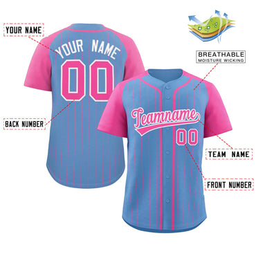 Custom Light Blue Pink-White Stripe Fashion Raglan Sleeves Authentic Baseball Jersey
